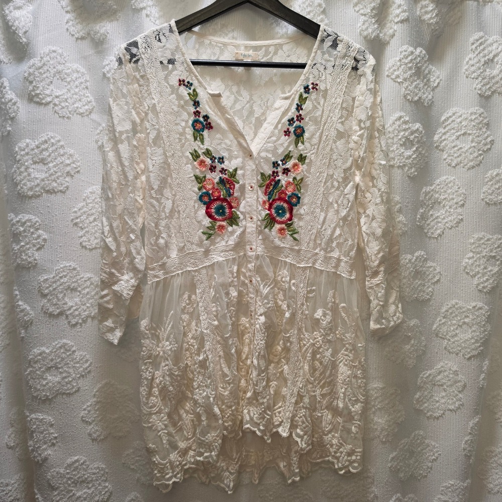 Kyla Seo Womens Cream Floral Lace Embroidered Button Front Boho Tunic Top‎ Small